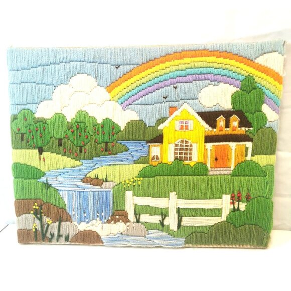 Embroidered Homestead Scenes Pair Crewel Wool Needlepoint Vintage - Picture 2 of 16